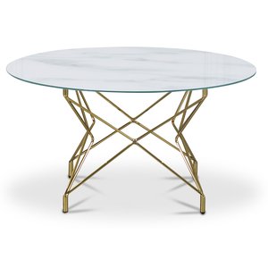 Soffbord Star 90 cm - Vitt marmorerat glas / mässingsfärgat underrede - Soffbord i marmor