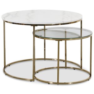 Tiffany satsbord Ø70/50 cm - Vit marmor / Mässing - Soffbord i marmor