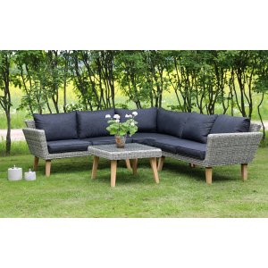 Almbro utemöbelgrupp hörnsoffa med bord - Ljusgrå konstrotting + Möbelpolish - Loungegrupper