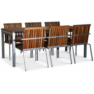Alva matgrupp bord inkl. 6 stolar - Teak / Galvaniserat stål + Träolja för möbler - Utematgrupper