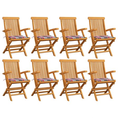 Bild på vidaXL Trädgårdsstolar med rödrutiga dynor 8 st massiv teak