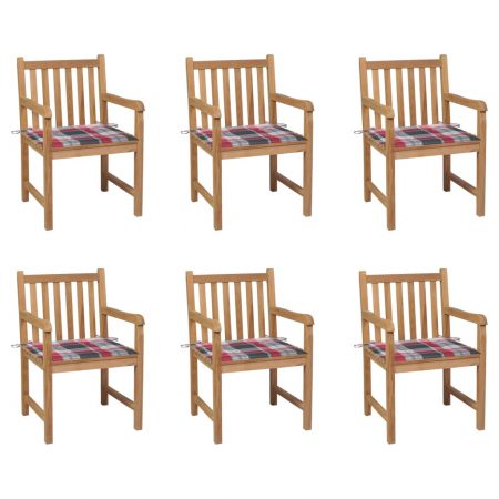 Bild på vidaXL Trädgårdsstolar med rödrutiga dynor 6 st massiv teak