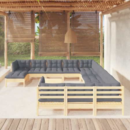 Bild på vidaXL Trädgårdssoffa 13-sits med grå dynor massiv furu