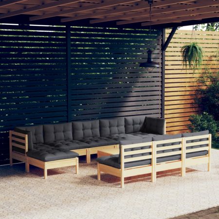 Bild på vidaXL Trädgårdssoffa 11-sits med grå dynor massiv furu