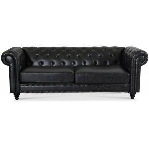 Royal Chesterfield 3-sits soffa svart konstläder + Läderimitationsrengöring - 3-sits soffor