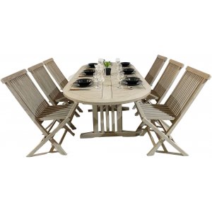 Saltö utematgrupp ovalt 150-210 cm bord med 6 st matstolar - Grå teak + Träolja för möbler - Utematgrupper