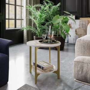 Versy sidobord 50 x 49 cm - Guld/vit marmor - Sidobord & lampbord