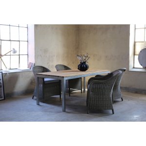 Matgrupp Alva: Matbord i teak / Galvaniserat stål med 4 st Mercury fåtöljer i brun konstrotting + Träolja för möbler - Utematgru -Utemöbelgrupper - Utematgrupper