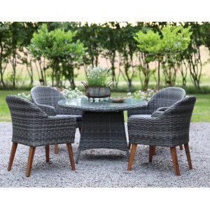 Jacksonville utematgrupp 110 cm runt bord inkl 4 st Valetta fåtöljer grå konstrotting - Utematgrupper
