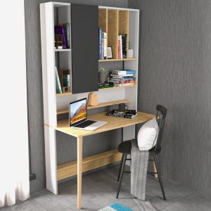 Wood skrivbord 120 x 60 cm - Vit/ek - Skrivbord med hyllor | lådor