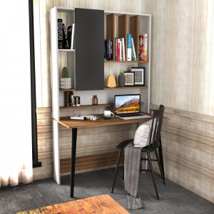 Wood skrivbord 120 x 60 cm - Vit/valnöt - Skrivbord med hyllor | lådor