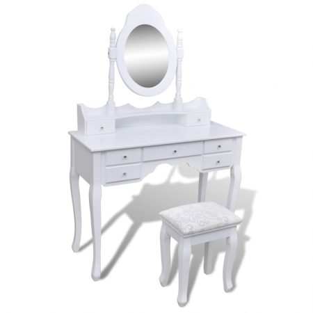 Bild på vidaXL Sminkbord med spegel och pall 7 lådor vit