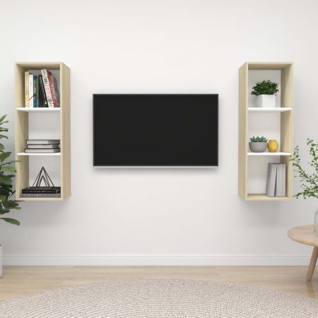 Bild på vidaXL Väggmonterade tv-skåp 2 st vit och sonoma-ek spånskiva