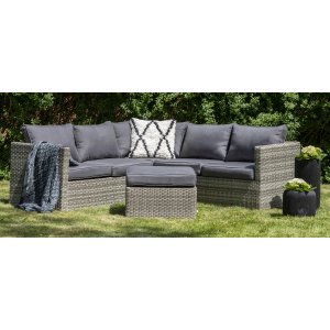 Boviken utegrupp: hörnsoffa med fotpall - Grå konstrotting + Möbelpolish - Loungegrupper