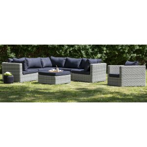 Dallas utegrupp hörnsoffa med fåtölj och bord/fotpall - Ljusgrå konstrotting + Möbelvård för plastrotting - Loungegrupper