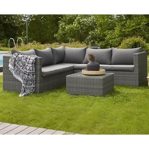 Sardinia hörnsoffa med bord i konstrotting - Gråmelerad + Möbelvård för plastrotting - Loungegrupper